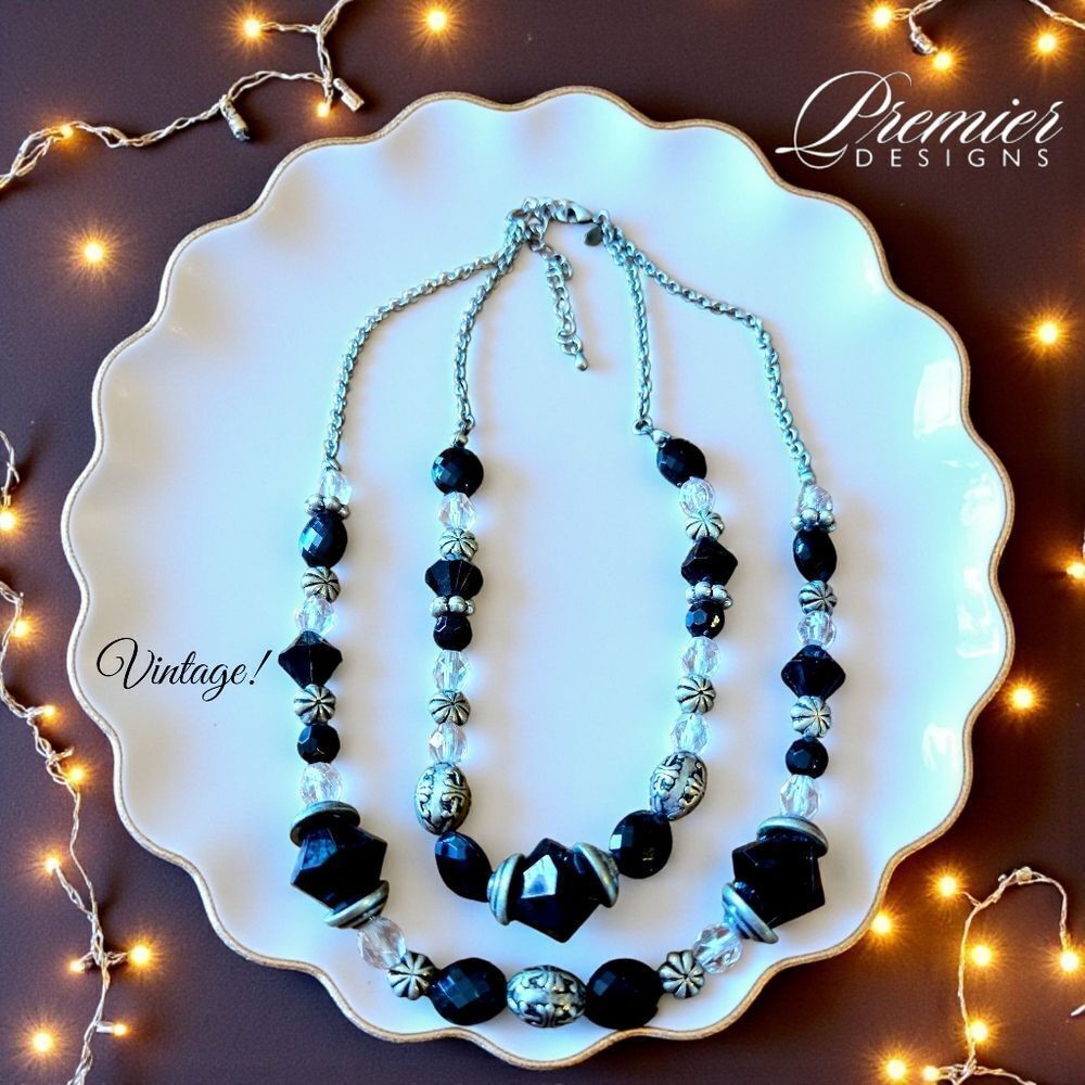 PREMIER DESIGNS Black Faceted, Silver Beaded Layered Necklace STATEMENT MAKING!